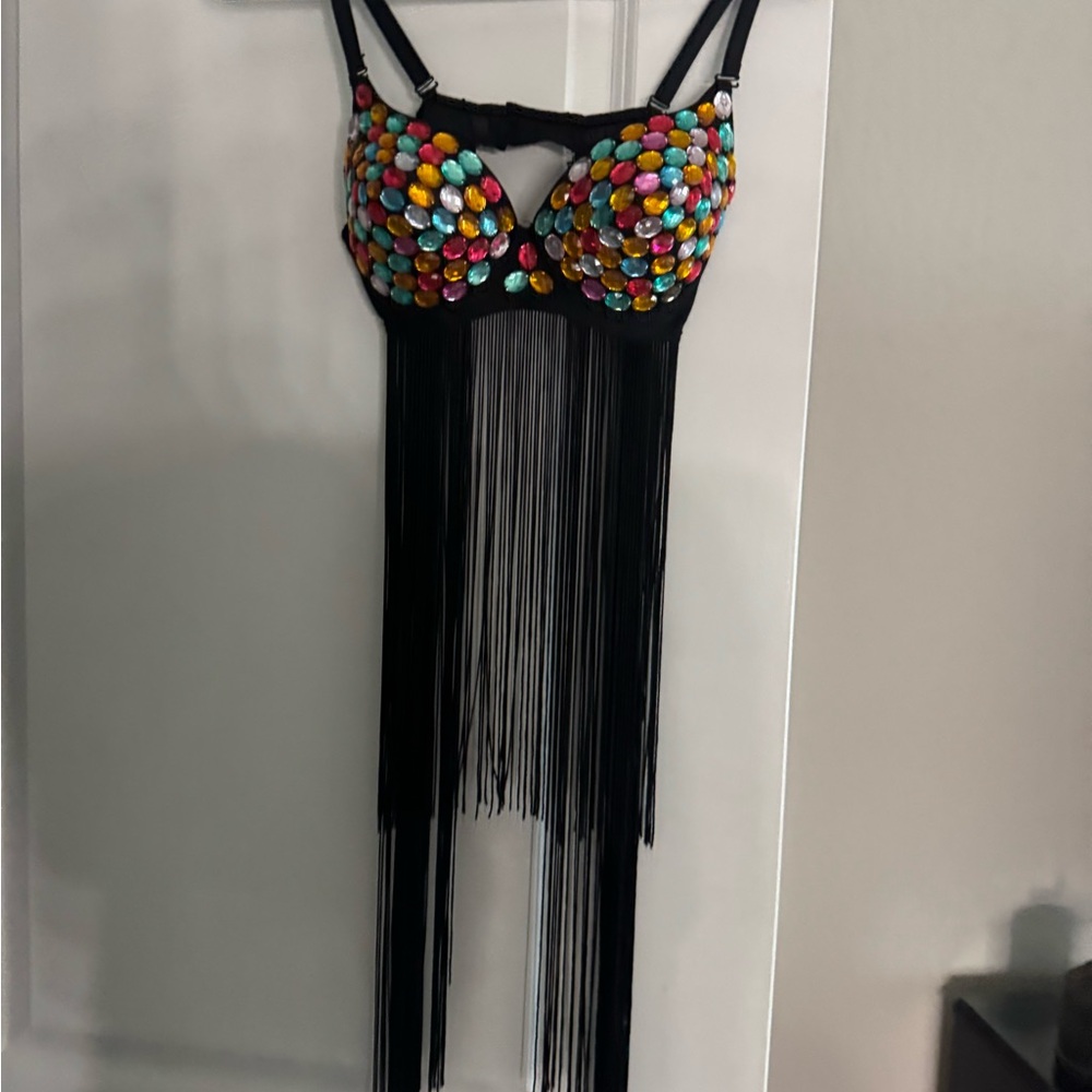 Fringe Bra Top with Multicolor Gem Embellishments